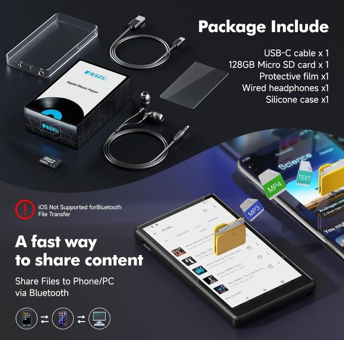 RUIZU Odtwarzacz MP3/MP4 80 GB z Bluetooth i Wi-Fi 4,5" ekran dotykowy