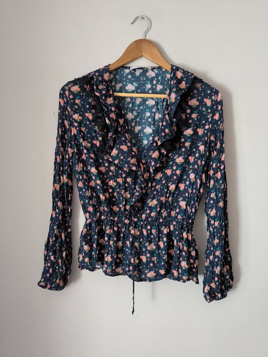 Bluzka z długim rękawem Mango MNG S kwiaty koronka dekolt baskinka