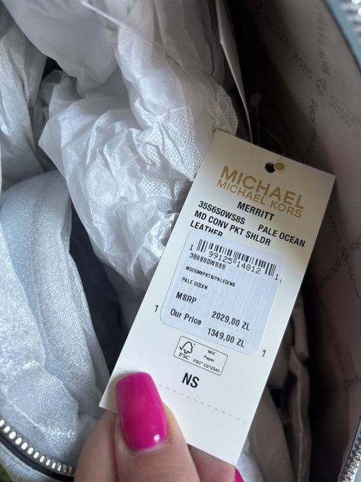 Torebka na ramie Michael Kors Merrit medium blekitna zamsz naturalny srebrne logo