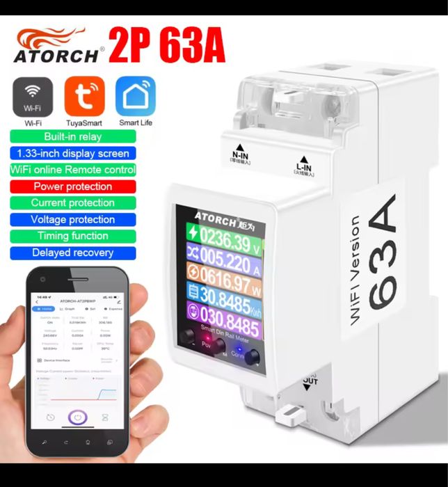 ATORCH 2P 63A Tuya WIFI Умный выключатель