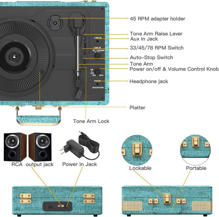 Gramofon Retrolife R610 Winylowy 3 Biegowy Elegancka Walizka Skóra