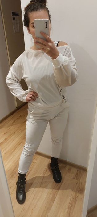 Perłowy dres komplet biały S magmac welur zestaw spodnie bluza