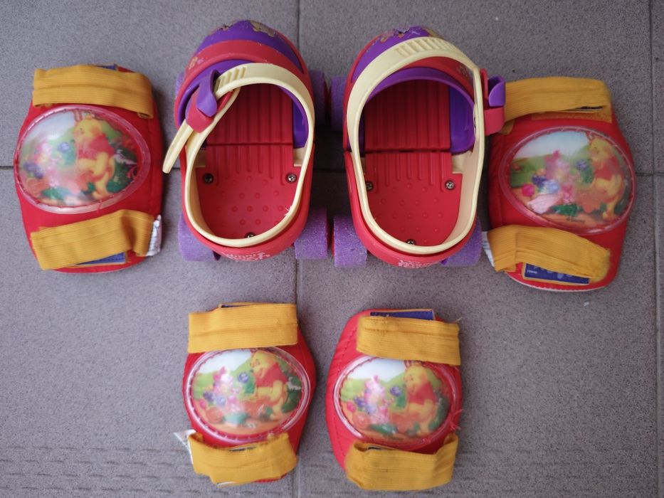 Kit Patins Infantil Winnie the Pooh Disney + Proteções + Mochila Transparente