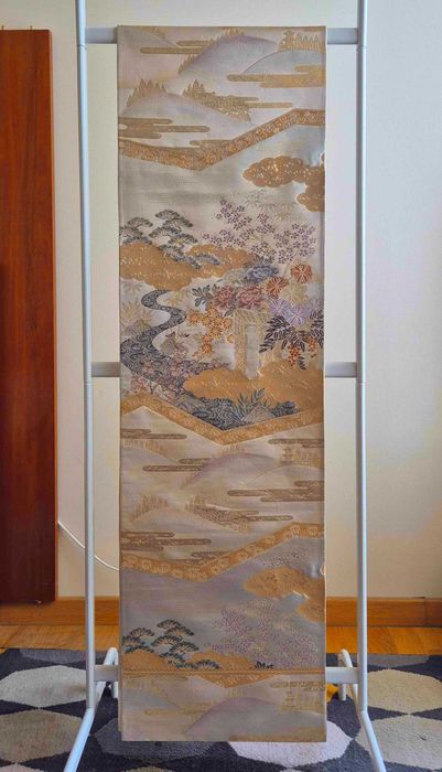 Fukuro obi pas sansui wyszywany bieżnik na stół złoty srebrny dekoracja z Japonii