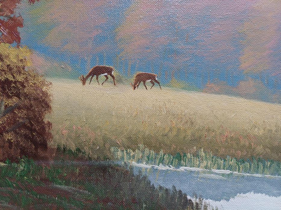 Stary obraz na płótnie sygnowany sarny