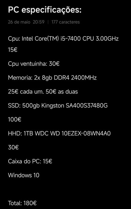 CPU Intel Core (TM)i5-7400 Cpu 3.00Ghz