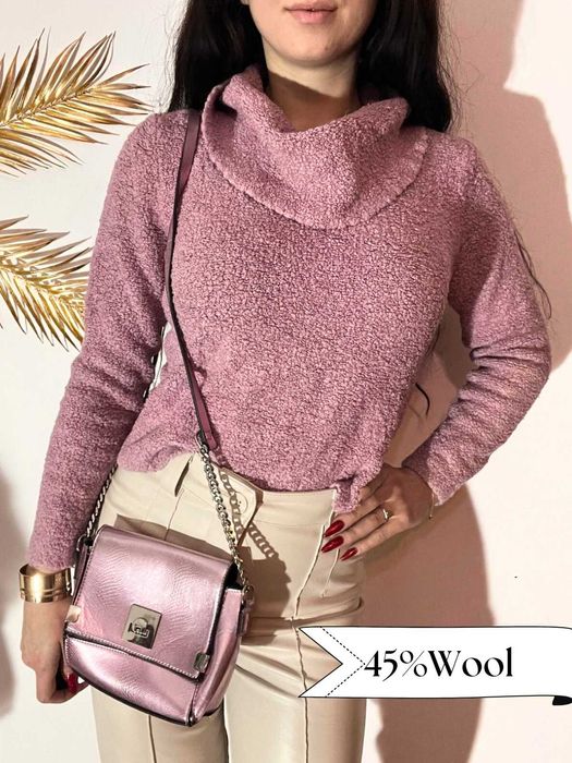 Sweter z DOMIESZKĄ WEŁNY M wełniany rożowy golf ciepły Marks & Spencer