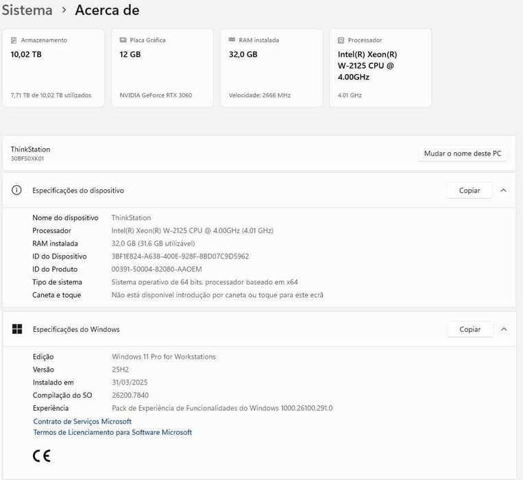 Lenovo Workstation P520 | RTX 3060 | 32GB RAM | 11TB