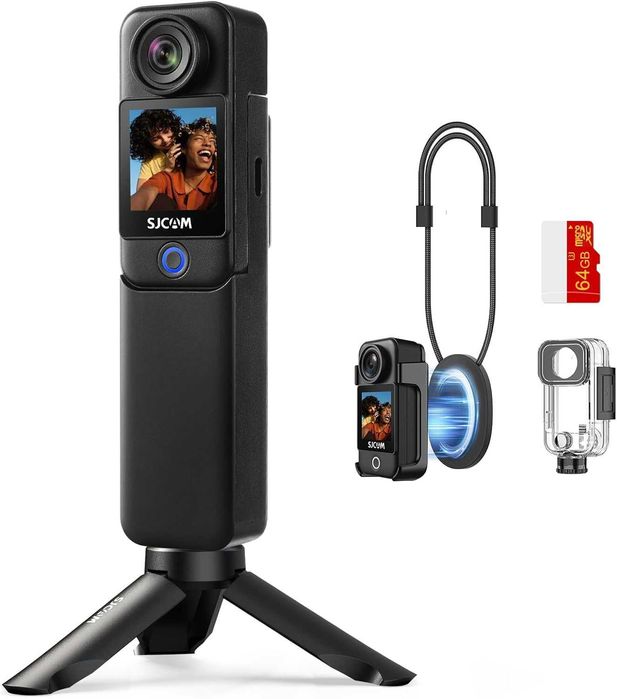 SJCAM C300 Pack - Câmara Vlog com Punho + Bateria Extra 7H, Dual Touch Screen, 64GB, Impermeável