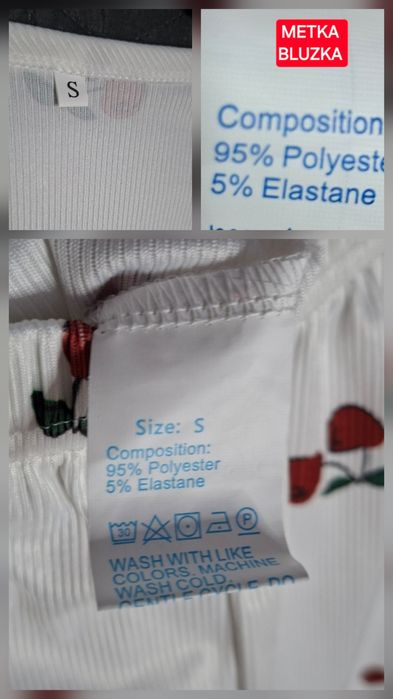 Biały komplet - piżama w wiśnie, prążkowany, crop top + spodnie