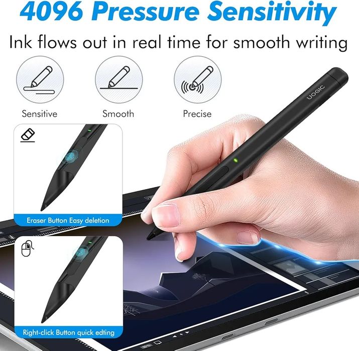Uogic Slim Pen 2 for Surface, with 4096 Pressure, Erase & Right-Click, Palm Rejection for Surface Pro