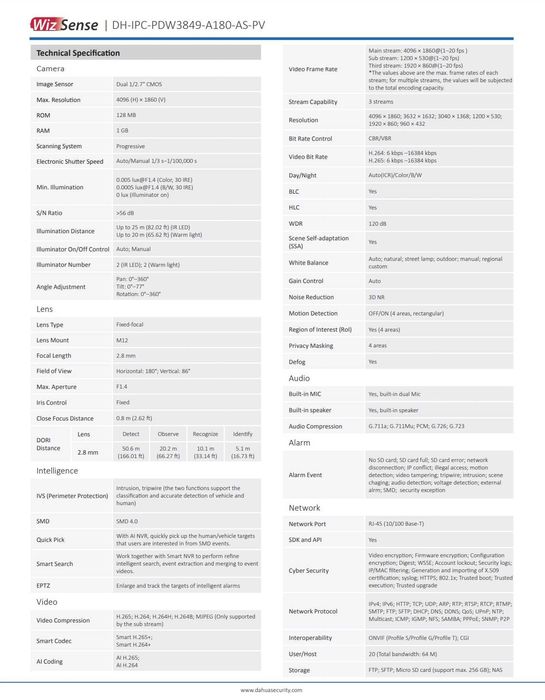 IP камера 8мп Dahua DH-IPC-PDW3849-A180-AS-PV