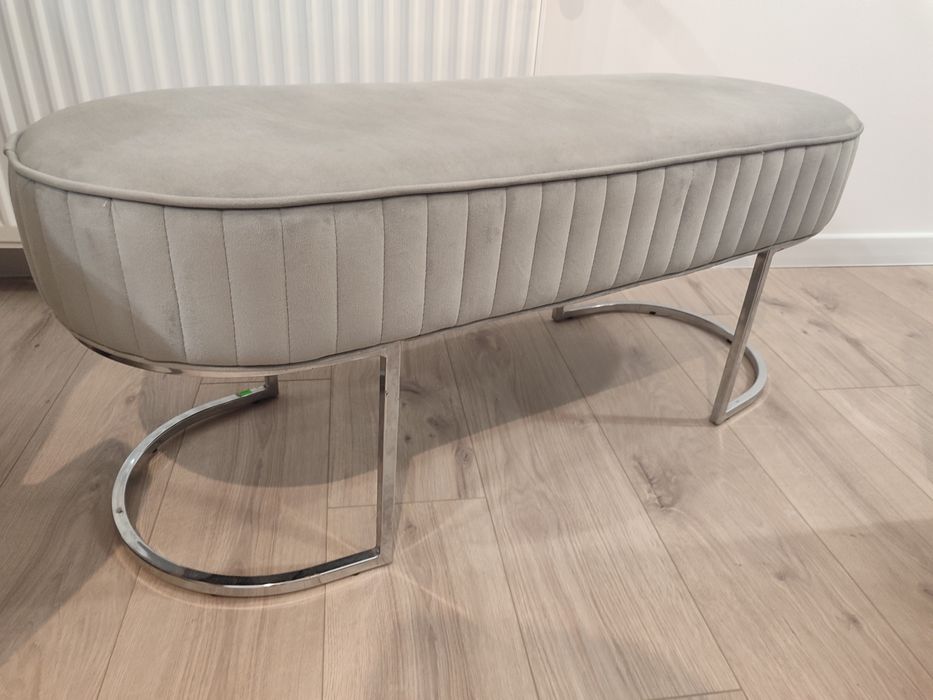 Piękna ławka Glamour welurowa szara srebrne nogi