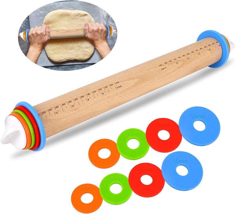 Wałek do ciasta z drewna bukowego, regulowany wałek