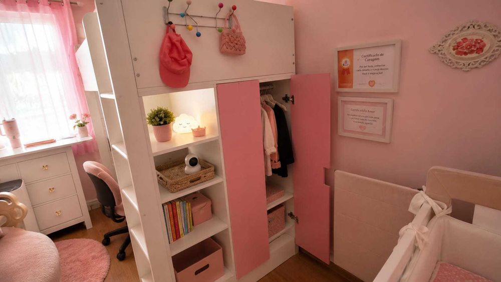 Estrutura de cama alta c/secretária e arrumação