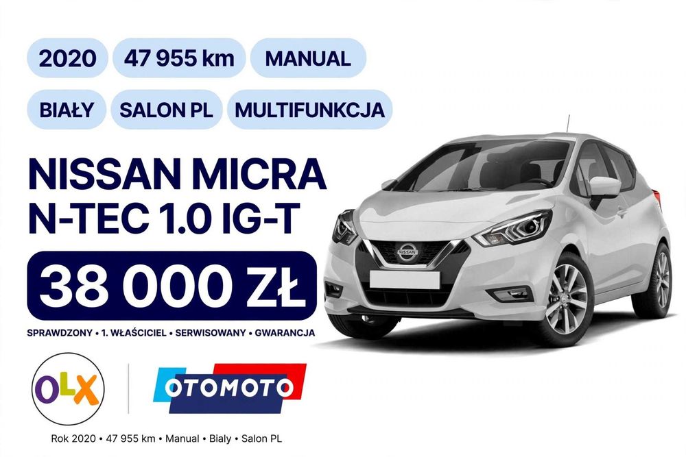 Nissan Micra 1.0 IG-T 100KM N-TEC 2020 47 955km Biały Multifunkcja Salon PL - 38 000 zł