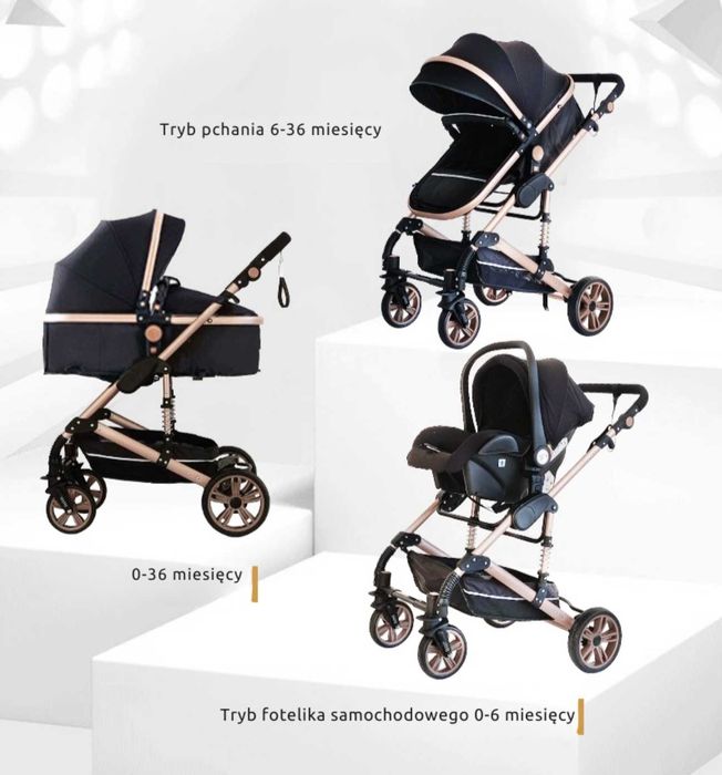 Wózek 3w1 gondola spacerówka fotelik - czarny ze srebrnym stelażem.