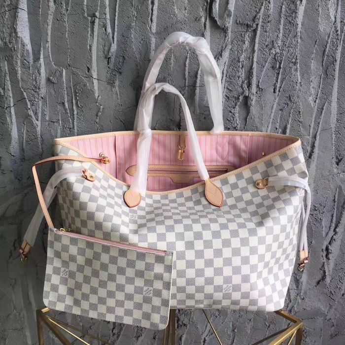 Torebka damska shopper Louis Vuitton Neverfull GM biała kratka skóra