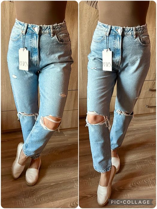 Zara jeansy Classic Mom Fit z dziurami r.40