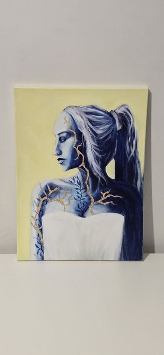 Obraz niebieski kobieta kintsugi  30x40cm portret abstrakcja
