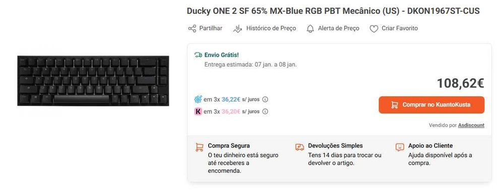 Teclado Gaming Mecânico Ducky ONE 2 SF 65% Cherry MX Red