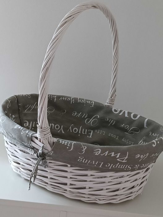White Wicker Basket Lined Internally with a Gray-Toned Pattern
