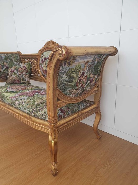 Canapé Antigo Luis XV I Folha de Ouro e Tecido Gobelin RESTAURADO