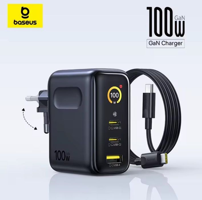 Зарядний пристрій 100W BASEUS PicoGo AE21 з екраном і складною вилкою EU. Кабель в комплекті. Зарядне Вт PD QC Новий