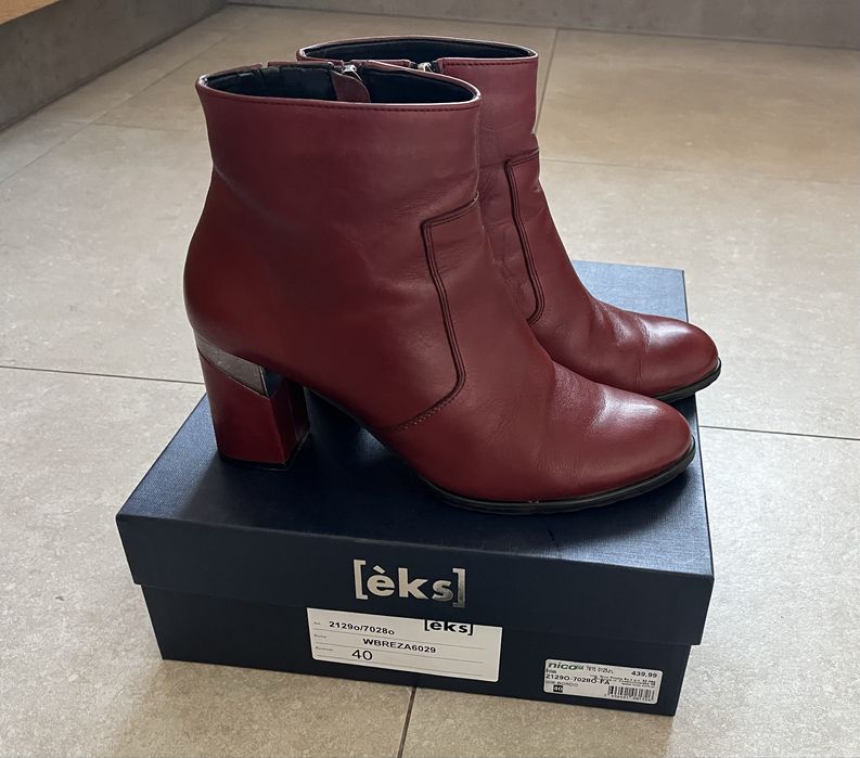Botki ze skóry ocieplane, skórzane firmy Eks 40-41, bordowe