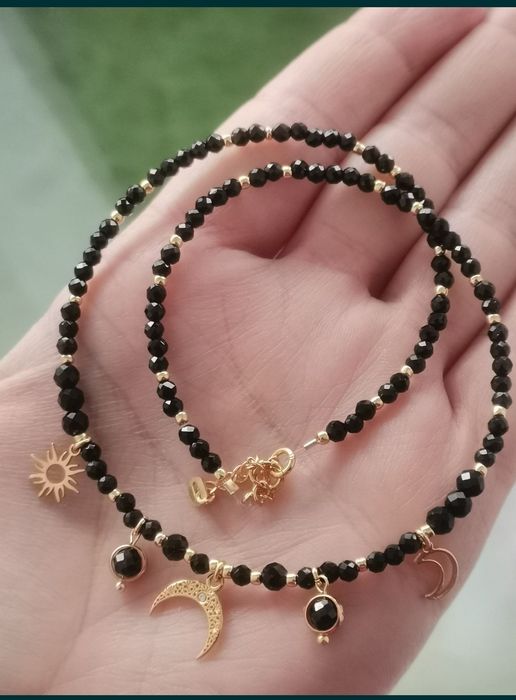 Naszyjnik choker czarny turmalin lunula słońce księżyc regulacja kamie