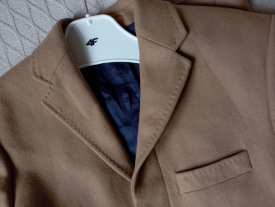 H&M WOOL BLEND klasyczny płaszcz męski beżowy 80%wełna r.48