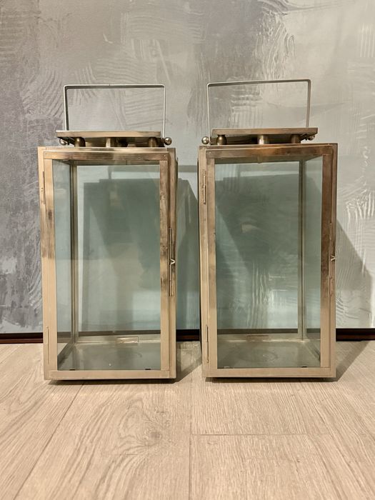 2 lanternas, porta velas, metal, vidro, decoração, arboretto