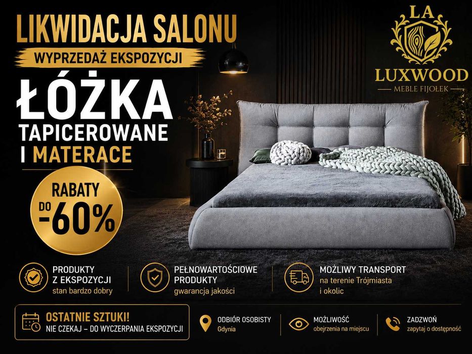 Wyprzedaż Ekspozycji Likwidacja Sklepu Łóżko Tapicerowane 140x200 z pojemnikiem na pościel polska produkcja wysoka jakość Salon Producenta Gdynia