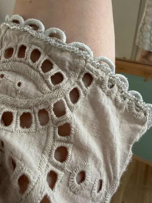 Beżowa bawełniana sukienka boho hippie M 38 L 40 ażurowa na lato