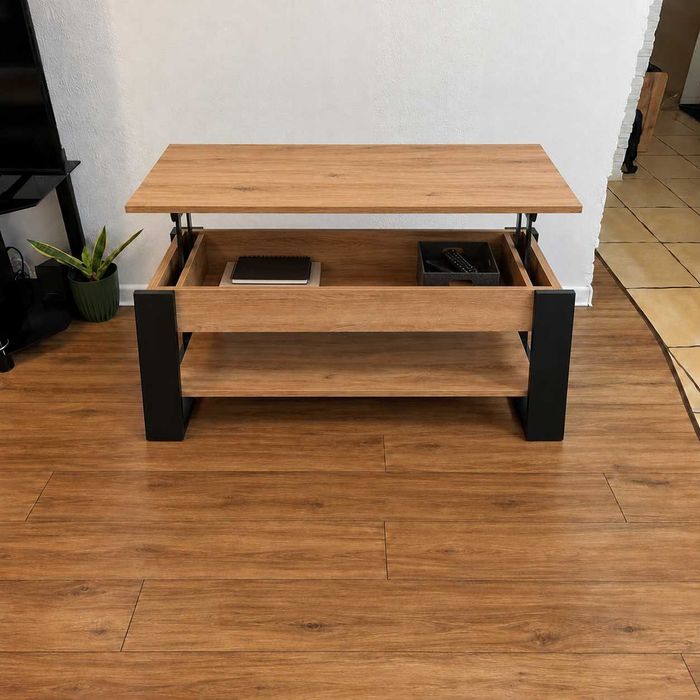 NOWY Stolik Kawowy Ława z Podnoszonym Blatem 92 cm Dąb Craft + Czarny Schowek Półka Regulowana Wysokość Do Salonu Nowoczesny Wysyłka OKAZJA