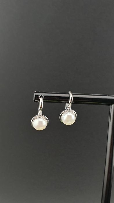 Kolczyki srebrne pr.925 z perłą perełką i cyrkoniami na biglu francusk