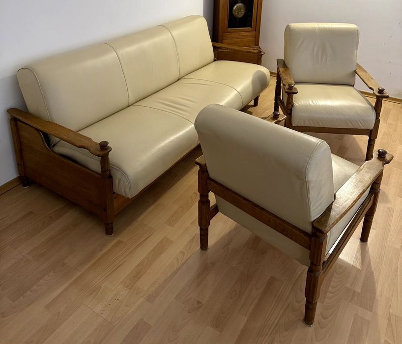 Wersalka/kanapa  + 2 fotele, skóra beżowa, lite drewno, funkcja spania