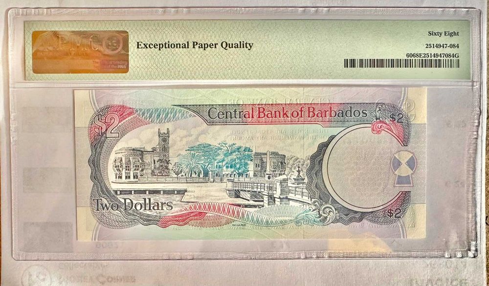 Nota de Barbados – 2 Dólares ND 2000 – Pick# 60 -PMG 68 EPQ Superb Gem Unc