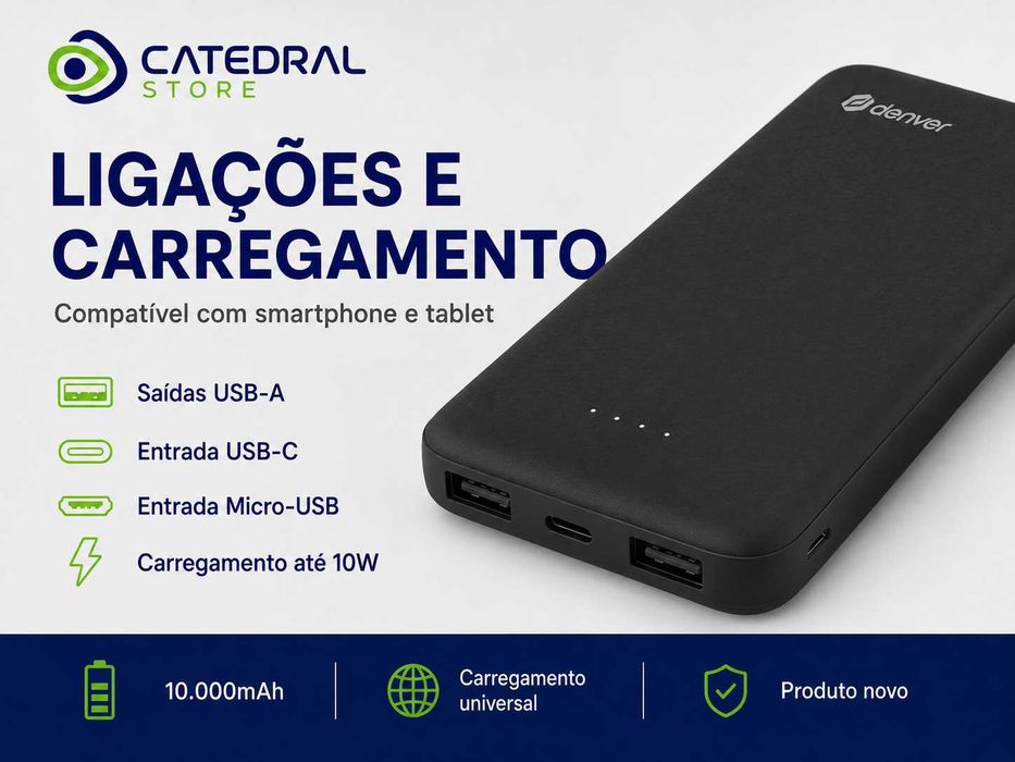 Powerbank Denver 10000mAh Preta – USB-A / USB-C – Nova