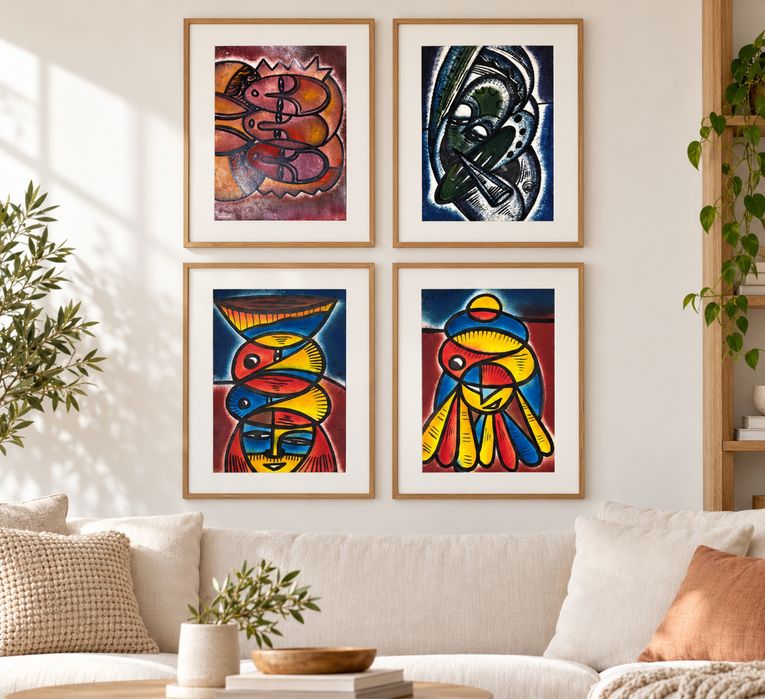 Set of 4 Colourful Abstract Figurative Art Prints | Unframed Wall Art