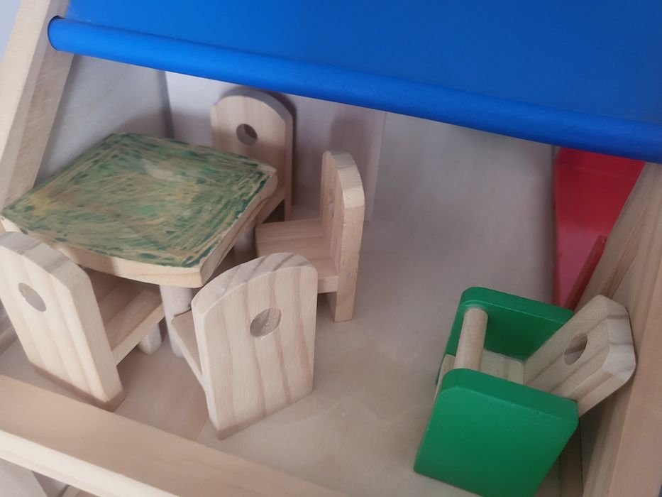 Drewniany domek duży zestaw mebelki dla lalek