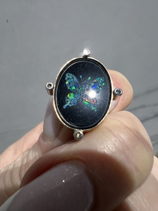 Серьги и кольцо ониксовая бабочка, бриллианты, золото 585•