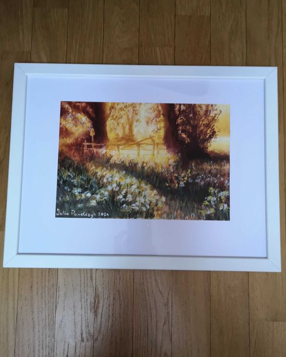 Oryginalny obraz w ramie wschód słońca nad łąką pejzaż leśny