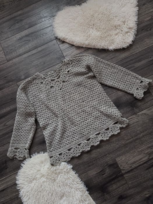 Ażurowy krótki sweterek damski S oliwkowy khaki