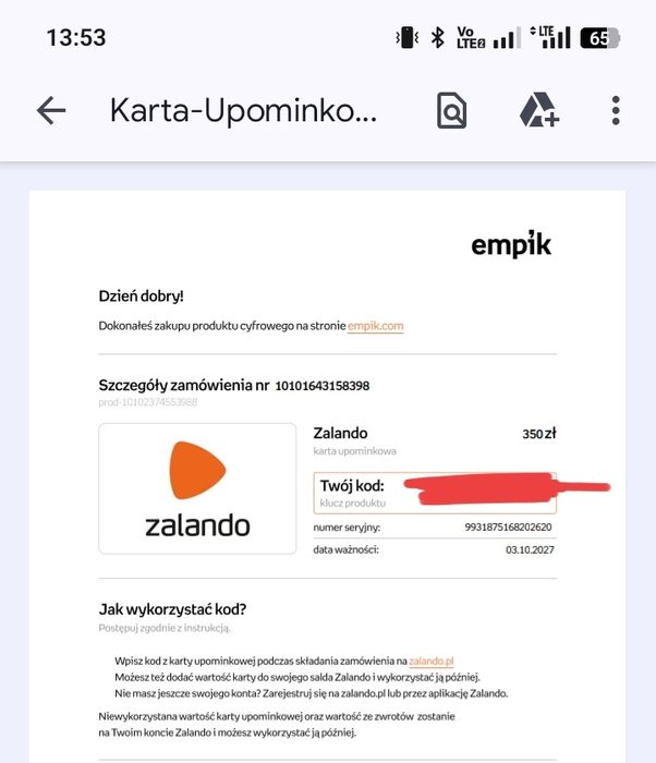 Karta Podarunkowa Zalando 350 zł