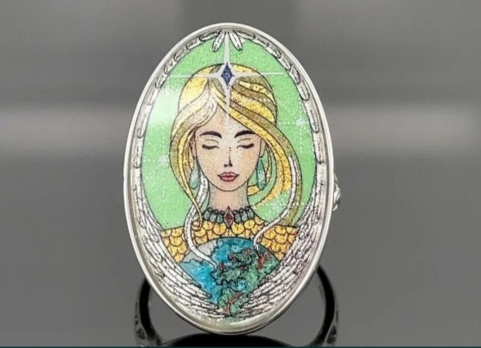 Srebrny pierścionek obraz z kamieni szlachetnych Anioł Stróż  20 P5