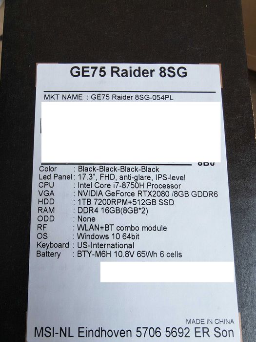 MSI GE75 Raider 8SG-054PL (i7+RTX2080+16GB RAM)