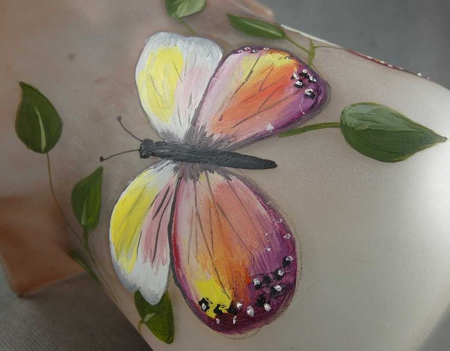 TULIPAN klosz LAMPA NAFTOWA malowany motyl liść 8,6 cm