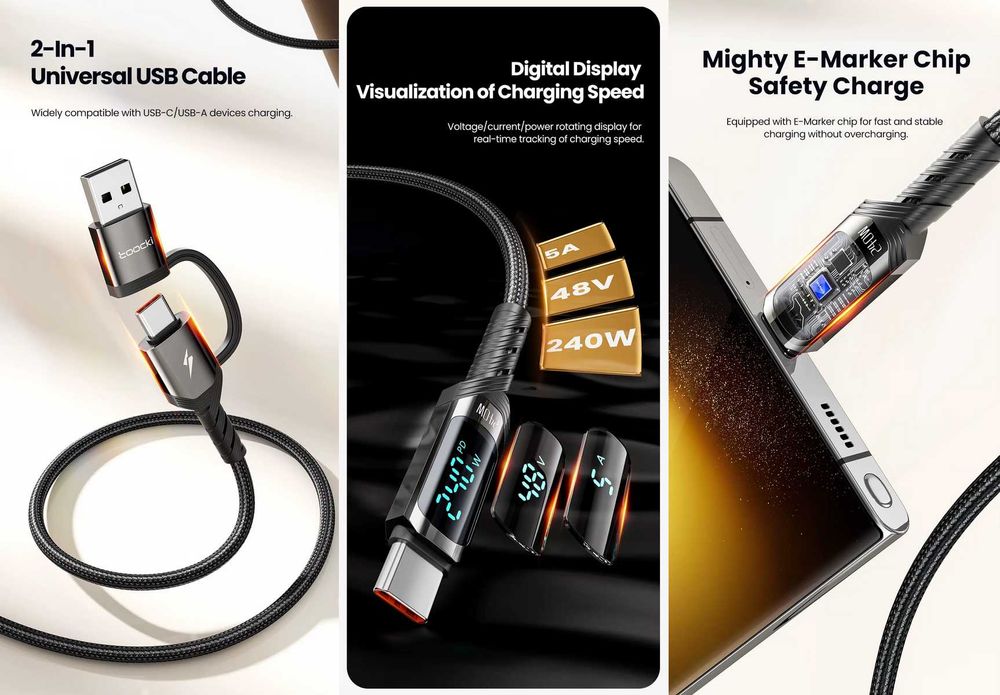 Кабелі TOOCKI/BASEUS, 2-in-1/3-in-1/3-in-2, 3.5A/6A/100W/240W