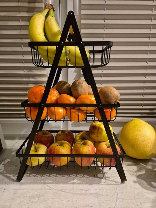 Designerski Kosz na Owoce 3 Poziomy Loft Czarny Stojak z Drewnianą Rączką